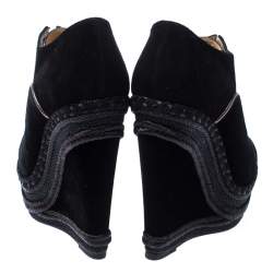 Pre Owned Christian Louboutin Black Velvet and Suede Lace Espadrilles Wedge Booties Size 36.5