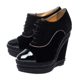 Pre Owned Christian Louboutin Black Velvet and Suede Lace Espadrilles Wedge Booties Size 36.5