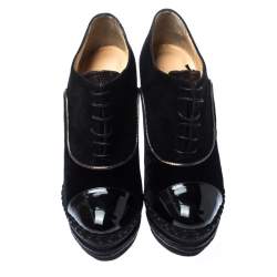 Pre Owned Christian Louboutin Black Velvet and Suede Lace Espadrilles Wedge Booties Size 36.5