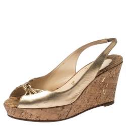 مملوكة مسبقًا صندل كريستيان لوبوتان فتحة كعب كعب روكي جلد ذهبي ميتاليك مقاس 41.5