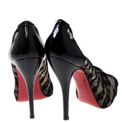Pre Owned Christian Louboutin Lace And Patent Leather Ambro Peep Toe Pumps Size 36.5