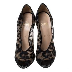 Pre Owned Christian Louboutin Lace And Patent Leather Ambro Peep Toe Pumps Size 36.5