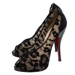 Pre Owned Christian Louboutin Lace And Patent Leather Ambro Peep Toe Pumps Size 36.5
