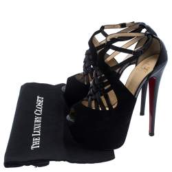Pre Owned Christian Louboutin Black Patent Leather and Suede Carlota Platform Ankle Strap Sandals Size 37.5