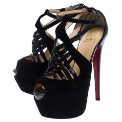 Pre Owned Christian Louboutin Black Patent Leather and Suede Carlota Platform Ankle Strap Sandals Size 37.5
