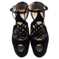 Pre Owned Christian Louboutin Black Patent Leather and Suede Carlota Platform Ankle Strap Sandals Size 37.5