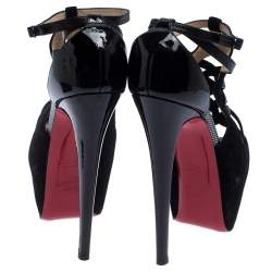Pre Owned Christian Louboutin Black Patent Leather and Suede Carlota Platform Ankle Strap Sandals Size 37.5