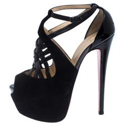 Pre Owned Christian Louboutin Black Patent Leather and Suede Carlota Platform Ankle Strap Sandals Size 37.5