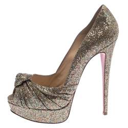 Pre Owned Christian Louboutin Metallic Gold Glitter Fabric Knotted Peep Toe Pumps Size 39