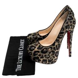 Christian Louboutin Two Tone Leopard Weave Raffia Daffodile Platform Pumps Size 37.5