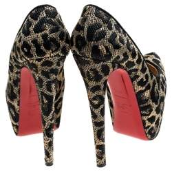 Christian Louboutin Two Tone Leopard Weave Raffia Daffodile Platform Pumps Size 37.5