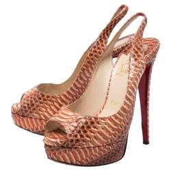 Christian Louboutin Orange Water Snake Slingback Peep Toe Platform Sandals Size 37