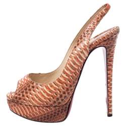 Christian Louboutin Orange Water Snake Slingback Peep Toe Platform Sandals Size 37