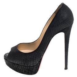 Christian Louboutin Black Python Leather Lady Peep Toe Platform Pumps Size 37.5