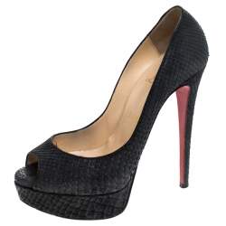 Christian Louboutin Black Python Leather Lady Peep Toe Platform Pumps Size 37.5