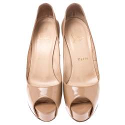Pre Owned Christian Louboutin Nude Beige Patent Leather New Very Prive Peep Toe Platform Pumps Size 37