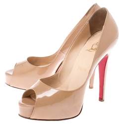 Pre Owned Christian Louboutin Nude Beige Patent Leather New Very Prive Peep Toe Platform Pumps Size 37