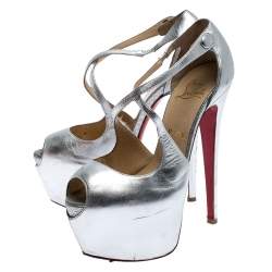 Pre Owned Christian Louboutin Metallic Silver Leather Exagona Platform Sandals Size 37.5
