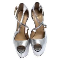 Pre Owned Christian Louboutin Metallic Silver Leather Exagona Platform Sandals Size 37.5