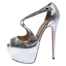 Pre Owned Christian Louboutin Metallic Silver Leather Exagona Platform Sandals Size 37.5