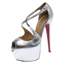 Pre Owned Christian Louboutin Metallic Silver Leather Exagona Platform Sandals Size 37.5