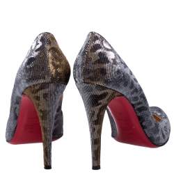 Pre Owned حذاء كعب عالي كريستيان لوبوتان ديكوليت قماش لاميه مطبوع نقشة الفهد ذهبي ميتالك و فضي مقاس 41