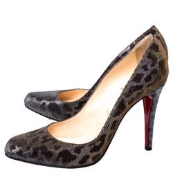 Pre Owned حذاء كعب عالي كريستيان لوبوتان ديكوليت قماش لاميه مطبوع نقشة الفهد ذهبي ميتالك و فضي مقاس 41