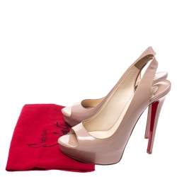 Christian Louboutin Beige Patent Leather Private Number Peep Toe Slingback Sandals Size 38.5