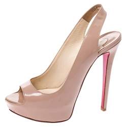 Christian Louboutin Beige Patent Leather Private Number Peep Toe Slingback Sandals Size 38.5