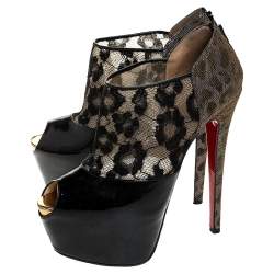 Christian Louboutin Black Leopard Print Lamé Fabric/Lace and Patent Leather Aerontoc Peep Toe Platform Booties Size 39