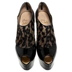Christian Louboutin Black Leopard Print Lamé Fabric/Lace and Patent Leather Aerontoc Peep Toe Platform Booties Size 39
