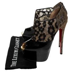 Christian Louboutin Black Leopard Print Lamé Fabric/Lace and Patent Leather Aerontoc Peep Toe Platform Booties Size 39