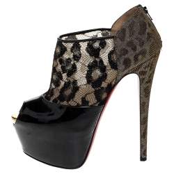 Christian Louboutin Black Leopard Print Lamé Fabric/Lace and Patent Leather Aerontoc Peep Toe Platform Booties Size 39