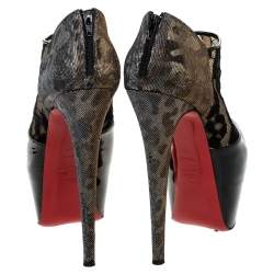 Christian Louboutin Black Leopard Print Lamé Fabric/Lace and Patent Leather Aerontoc Peep Toe Platform Booties Size 39