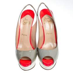 Pre Owned Christian Louboutin Tricolor Patent Leather Lady Peep Toe Platform Slingback Sandals Size 38.5