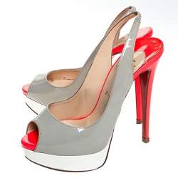 Pre Owned Christian Louboutin Tricolor Patent Leather Lady Peep Toe Platform Slingback Sandals Size 38.5
