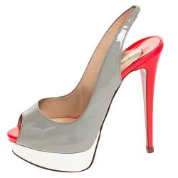 Pre Owned Christian Louboutin Tricolor Patent Leather Lady Peep Toe Platform Slingback Sandals Size 38.5