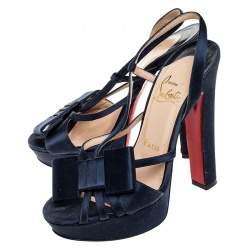 Pre Owned Christian Louboutin Blue Satin Bow Slingback Disco Noeud Platform Sandals Size 36