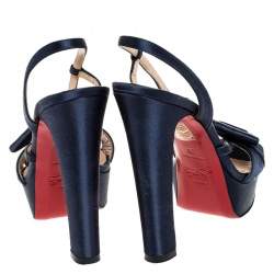Pre Owned Christian Louboutin Blue Satin Bow Slingback Disco Noeud Platform Sandals Size 36