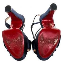 Pre Owned Christian Louboutin Blue Satin Bow Slingback Disco Noeud Platform Sandals Size 36