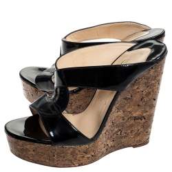 Pre Owned Christian Louboutin Black Twist Patent Leather Cork Platform Wedge Sandals Size 39.5