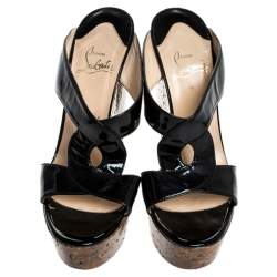 Pre Owned Christian Louboutin Black Twist Patent Leather Cork Platform Wedge Sandals Size 39.5