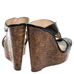 Pre Owned Christian Louboutin Black Twist Patent Leather Cork Platform Wedge Sandals Size 39.5