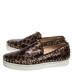 Pre Owned Christian Louboutin Leopard Print Python Leather Pik Boat Slip On Sneakers Size 37