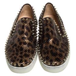 Pre Owned Christian Louboutin Leopard Print Python Leather Pik Boat Slip On Sneakers Size 37