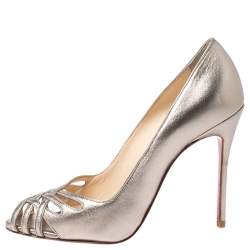 Pre Owned Christian Louboutin Metallic Cut Out Leather Peep Toe So Kate Pumps Size 37