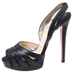 Pre Owned Christian Louboutin Black Leather Cut Out Peep Toe Platform Slingback Sandals Size 38