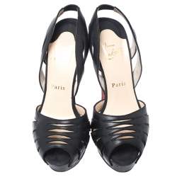 Pre Owned Christian Louboutin Black Leather Cut Out Peep Toe Platform Slingback Sandals Size 38