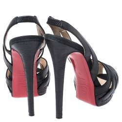 Pre Owned Christian Louboutin Black Leather Cut Out Peep Toe Platform Slingback Sandals Size 38