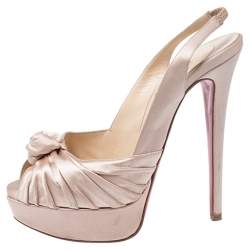 Pre Owned Christian Louboutin Beige Satin Jenny Platform Slingback Sandals Size 37.5